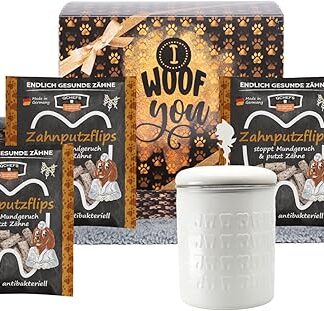 QCHEFS Glückskiste - Panno morbido per spazzolini da denti per cani, ipoallergenico, a basso contenuto di calorie, set regalo con panno e scatola in acciaio inox, ottimo regalo per cani