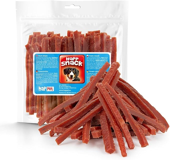 HAPPET Dolcetti per cani - Strisce di carne di anatra - Prelibatezze naturali ricche di proteine per cani - Premio per addestramento salutare e massaggiagengive per cani di tutte le razze, facilmente