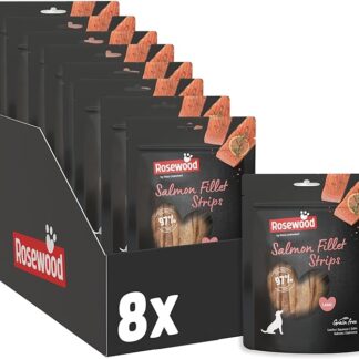 Rosewood Salmon Fillet Strips Large - Morbido snack per cani con il 97% di salmone, alto contenuto proteico e basso contenuto di grassi, senza glutine, cereali e additivi artificiali, 6x150 g