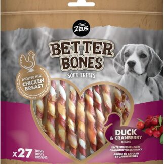 BetterBones - Spuntino morbido per cani, senza pelle grezza, tensioni avvolte con anatra e mirtillo, 12,5 cm, confezione da 27