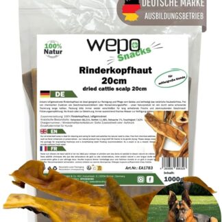 WEPO Pelle di bovino per cani, grande, 1 kg, spuntino da masticare per cani, pelle secca, 20 cm, snack e trattamenti, pulizia naturale dei denti, naturale e sano. (1 kg)