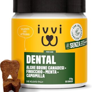 ivvi dental - snack per l'igiene dentale dei cani. Menta, prezzemolo, finocchio, camomilla, olio di cocco, alghe brune. 60 snack con pollo. Favorisce denti sani, alito fresco e gengive sane