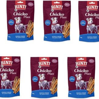 Rinti Chicko Plus Bastoncini di pesce con salmone e pollo | Confezione da 6 | 6 x 80 g | Alimento complementare per cani adulti | Senza farine di carne e soia | Essiccato delicatamente all'aria