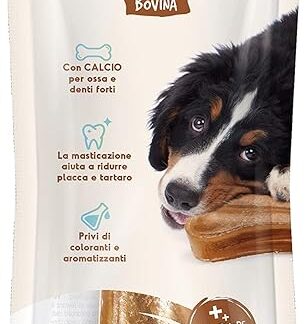 Record ossi per Cani giganti. Ossa per Cani in Pelle Bovina. Masticativi per Cani, Confezione da 1pz in blister richiudibile. Misura XXL 22cm di lunghezza e 170g di peso, per cani di taglia gigante.