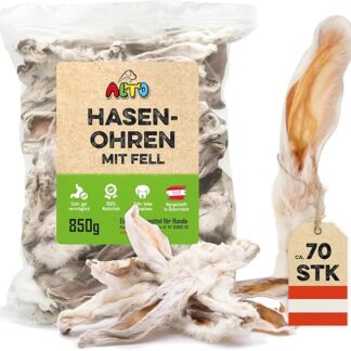 ALTO - Orecchie di coniglio di alta qualità con pelliccia per cani – 850 g di orecchie di coniglio intere con pelliccia per cani – Qualità dall'Austria – 100% naturale per cani, cuccioli
