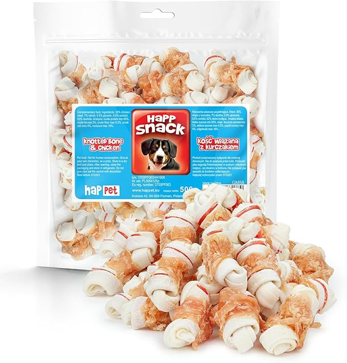 HAPPET Osso legato al pollo per cani - Massaggiagengive naturale in pelle bovina e carne di pollo, prelibatezza dentale sana e ad alto contenuto proteico per l'igiene orale