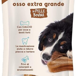 Record ossi per Cani grandi. Ossa per Cani in Pelle Bovina. Masticativi per Cani, Confezione da 1pz in blister richiudibile. Misura XL 17cm di lunghezza e 100g di peso, per cani di taglia grande.