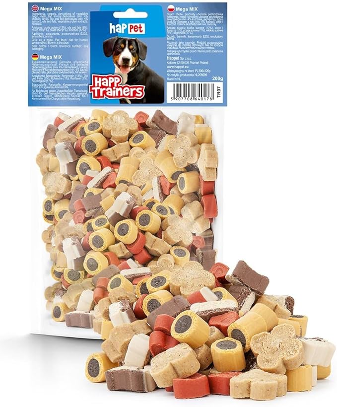 HAPPET® Mega Mix 200g - Allenatore per cani con pollo, agnello e salmone, snack facilmente digeribili a basso contenuto di grassi, ideale per imparare e premiare