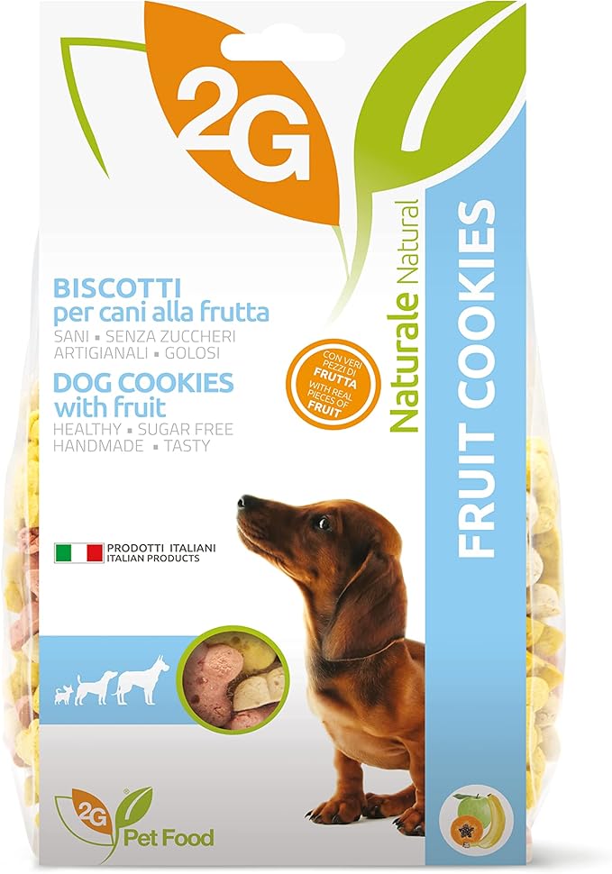 2G Pet Food Fruit Cookies Biscotti per Cani alla Frutta Snack Naturale e Salutare Made in Italy con papaia, mela e banana Croccanti e Genuini Perfetti per Tutte le Taglie e Età