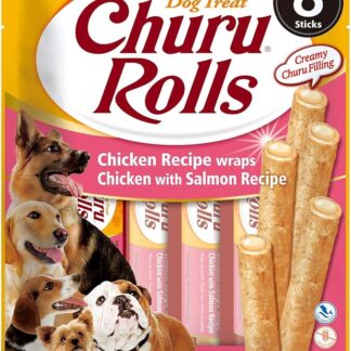 INABA Churu Rolls Snack per Cani, Bastoncini di Pollo con Cuore di Salmone - 1 Pack (8 Stick x 12gr) - Premietti per Cane Morbidi e Deliziosi - Cibo per Cani Senza Conservanti o Coloranti Artificiali