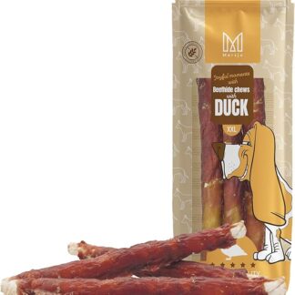 MERSJO Leckerlis XXL Beefhide - Bastoncini da masticare con petto d'anatra, 240 g, 24 – 25 cm, per cani di taglia media e grande