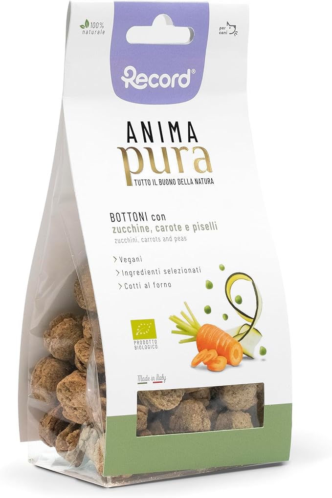 Record - Snack Vegani Anima Pura per Cani. Biscotti Naturali Cotti al Forno al gusto di Zucchine, Carote e Piselli. Snack Bio per Cani, Made in Italy | 100 g