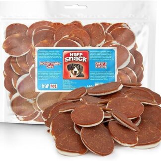HAPPET Chips di anatra per cani, 440 g - Dischi naturali in pelle bovina e carne d'anatra - dentale sano da massaggiagene, dolcezza ad alto contenuto proteico per cani