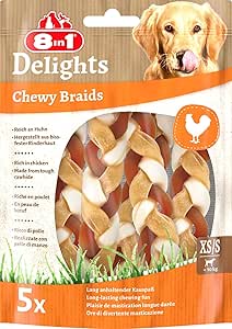 8in1 Delights Chewy Braids XS/S - gustosi bocconcini per cani di piccola taglia, pelle di manzo soda con delizioso pollo, sacchetto da 75 g (5 pezzi)