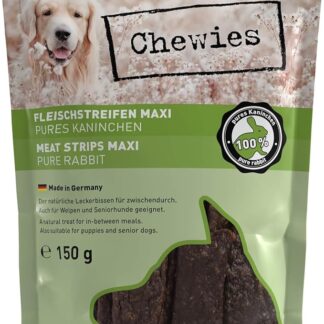 Chewies MAXI - Strisce di carne per cani in 100% carne di coniglio – 150 g – Coniglio essiccato all'aria per cani – senza zucchero e senza cereali – carne essiccata dal coniglio