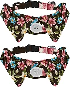 Eslifey 2 collari per cani con papillon, collare formale regolabile per smoking con colletto rimovibile per camicia e collare per gatti per piccoli animali domestici, fiori primaverili colorati