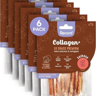 Record - Snack Premium per Cani Collagen+ Gusto Salmone con alto valore proteico. Masticativi per cani ricchi di collagene. Senza coloranti, Confezione da 6 sacchetti da 60 g|(XS-S)