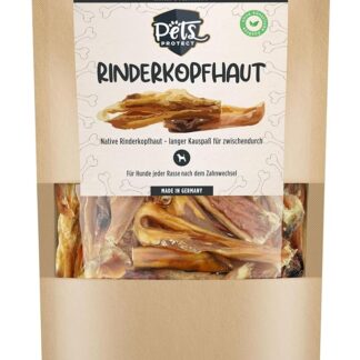 Pets Protect Strisce di cuoio capelluto di manzo 500 g, lunghe 15-20 cm, snack da masticare a base di cuoio capelluto di manzo essiccato al 100%