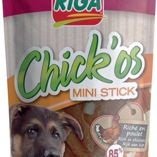 Riga - Chick'Os Rete + Mini Stick - Dolcetto per cani ricco di filetto di pollo e proteine - Sticks da masticare per mantenere la dentizione - Confezione da 8 bastoncini da 65 g