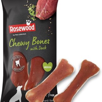 Rosewood Pets Unlimited - Ossa masticabili medie per cani, realizzate con anatra, masticabili senza cereali, snack per cani ad alto contenuto proteico, da Pets Unlimited (2 pezzi, 80 g)