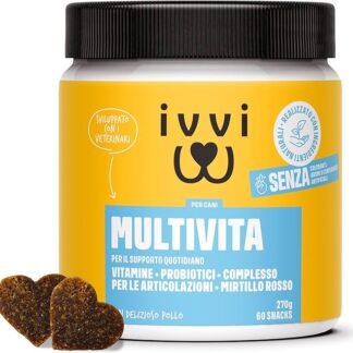 ivvi Multivita per Cani Come bocconcino - scorta Completa con probiotici, vitamine del Gruppo B, Omega 3, cozza Verde, Mirtillo Rosso - 60 Snack (270 g) con Pollo