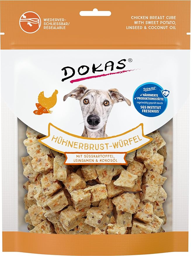 DOKAS Cubo di petto di pollo – snack premium superfood per cani dal petto di pollo – con patata dolce, semi di lino e olio di cocco – 1 x 150 g