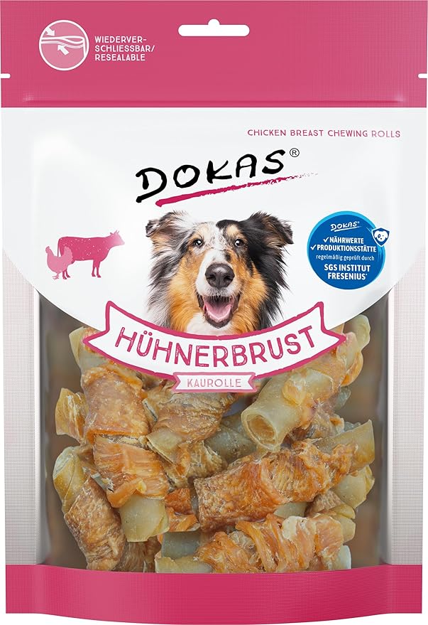 DOKAS Snack da masticare di alta qualità senza cereali, con petto di pollo per cani – ideale per il tempo