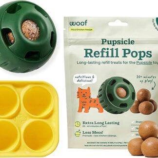 WOOF Starter Pack – Stampo per dolcetti per cuccioli e cuccioli di pollo – Pallina riempibile per cani, stampi in silicone per dolcetti per cani e dolcetti di ricarica preconfezionati – per cani di