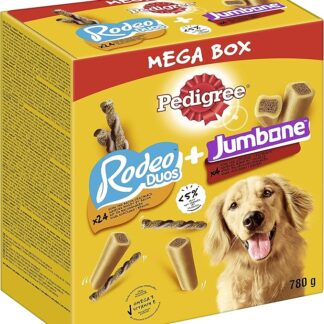 PEDIGREE MEGA BOX Awards - Mix dolcetti Rodeo Duo 24 stick e Jumbone 4 ossa da masticare, 780 g, ideali per educare o fare piacere al suo cane