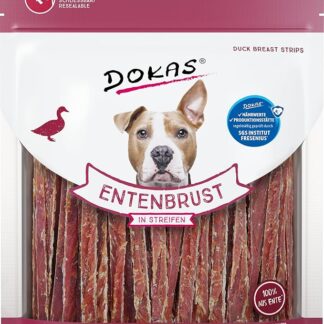 DOKAS - Snack di ottima qualità senza cereali, a strisce, per cani, con filetto di anatra