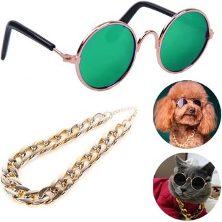 Cat and Dog Sunglasses Gold Chain Two-Piece Set, Pet Sunglasses, Retro Classic Pet Glasses, Adjustable Pet Chain, Photo Prop, for Kittens and Puppy (Green)