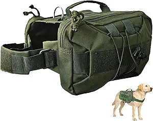 Tactical Dog Backpack Harness – Medium, Army Green, 2 Ample Side Pockets | Water Resistant Saddle Bags for Hiking & Camping, Sturdy Vest Fits Medium & Large Dogs