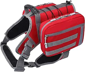 BYGD Dog Backpack for Medium to Large Dogs, Saddle Bag for Dogs to Wear for Hiking, Backpack Harness with Side Pockets for Hiking, Walking, Training, Running (L XL Red).