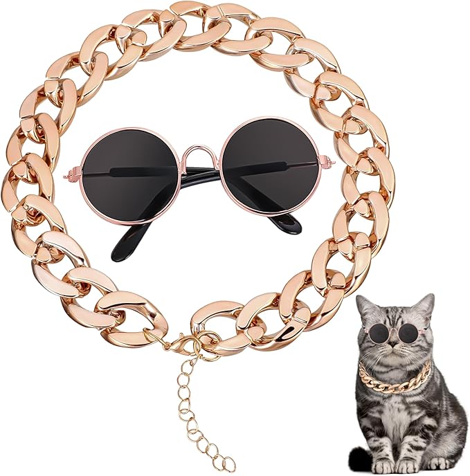 Cat Gold Chain Collar and Cat Sunglasses Pet Sunglasses Retro Dog Costume Set Include Adjustable Gold Pet Chains and Funny Cute Cats Small Dog Sunglass