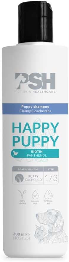 PSH Happy Puppy – Шампунь для щенков, собак и кошек – Увлажняющий и питательный – с биотином, дрожжами и витамином B5 – Для чувствительной кожи – Для частого использования – Веганский – 300 мл